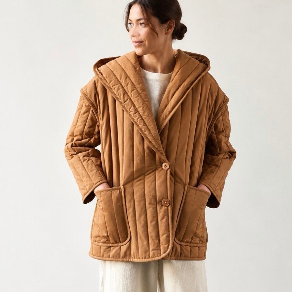 7115 by Szeki Quilted Hooded Jacket Brown Tan Large